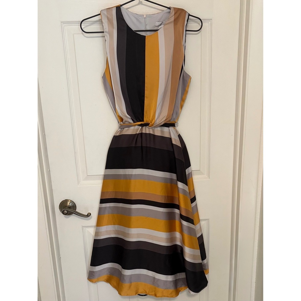 London Times Womens 8 Striped Midi Dress Tie Waist Sleeveless Mustard Gray
